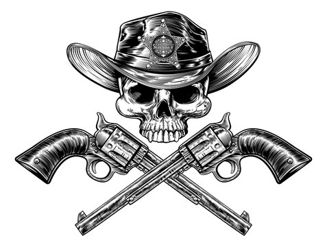 Sheriff Star Badge Cowboy Hat Skull and Pistols