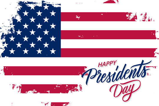 USA Happy Presidents Day celebrate banner with brush stroke background in United States national flag colors and hand lettering text design. Vector illustration.