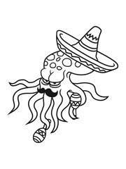 mexikaner südamerika sombrero hut rasseln mustache schnurrbart party feiern musik blick böse gefährlich oktopus tentakel unterwasser tintenfisch riesenkrake kraken comic cartoon design clipart