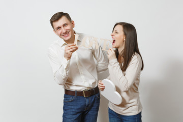 Couple in love. Man, woman with word Love, big white heart isolated on white background. For advertisement. With place for text. St. Valentine's Day, International Women's Day birthday holiday concept