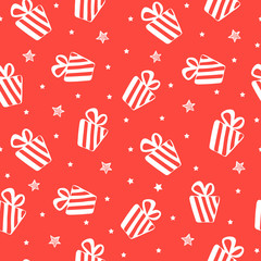 Seamless pattern with white gifts and stars on red background