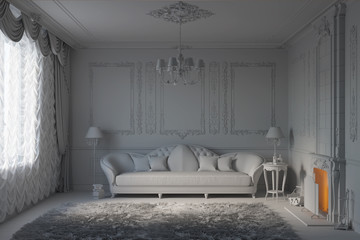 3d illustration of white living room without materials
