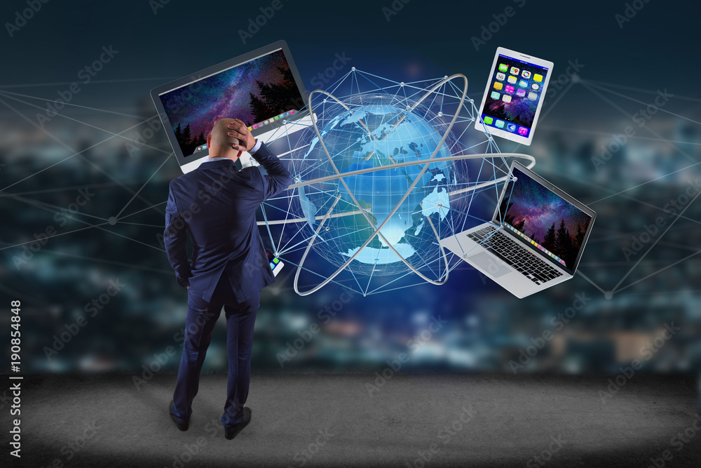 Poster connected world map on a uniform background