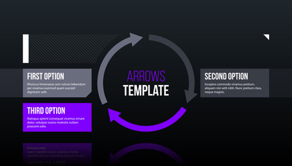 Round arrows template with three options on dark glossy background in elegant techno style.