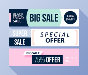 Three horizontal Black Friday banners with soft colors in flat style on blue background
