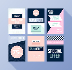 Fototapeta premium Set of six Black Friday banners/posters in flat style on blue background