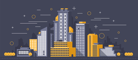 City illustration. Towers and buildings in modern flat style on dark background