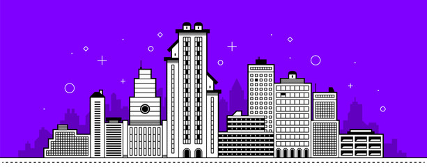 Modern city illustration. Towers and buildings in outline style on bright purple background