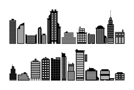 Set of modern city buildings. Black silhouette style.