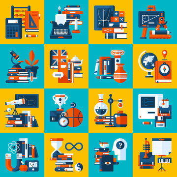 Big set of icons about education and college subjects. Modern flat style. Colorful illustrations.