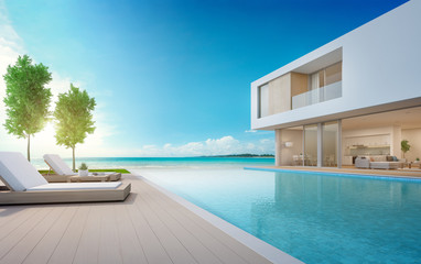 Obraz na płótnie Canvas Luxury beach house with sea view swimming pool and terrace in modern design, Lounge chairs on wooden floor deck at vacation home or hotel - 3d illustration of contemporary holiday villa exterior