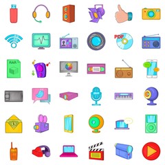 Multimedia mean icons set, cartoon style