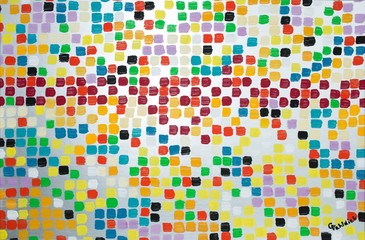 Silber schimmernder Hintergrund mit bunten Punkten / Kästchen, Gouache-Gemälde 