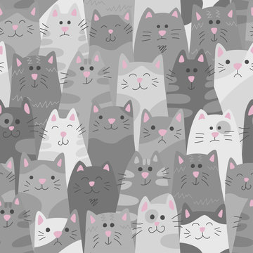 Cats. Seamless pattern in doodle and cartoon style. Grey. 