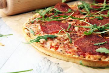 pizza with cheese fresh baked pepperoni pizza coming out of the oven