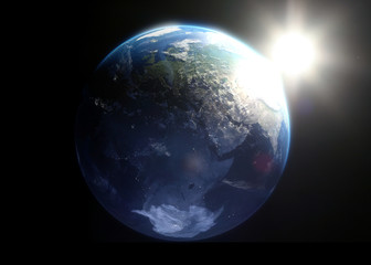 Erde mit gleißendem Sonnenlicht