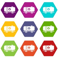 Oil railway tank icon set color hexahedron