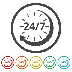 Twenty four hours open, Vector open hours icon, 6 Colors Included