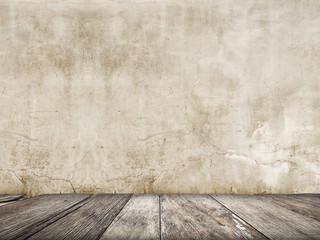 Grungy background of natural cement old texture as a retro wall. Empty cement wall and wood floor background with space. Retro or Vintage background.