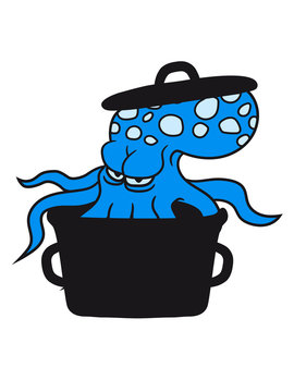 kochen lecker hunger chaf gourmee topf kochtopf blick b&ouml;se gef&auml;hrlich oktopus tentakel unterwasser tintenfisch riesenkrake kraken comic cartoon design clipart