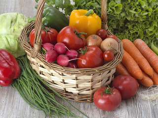 fresh vegetables on a wooden table. 