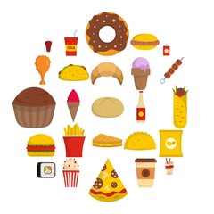 Fast food icons set. Flat illustration of 25 fast food vector icons isolated on white background