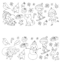 Merry Christmas celebration with children. Kids drawing illustration with ski, gifts, Santa Claus, snowman. Boys and girls play and have fun. School and kindergarten, preschool children