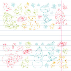 Merry Christmas celebration with children. Kids drawing illustration with ski, gifts, Santa Claus, snowman. Boys and girls play and have fun. School and kindergarten, preschool children