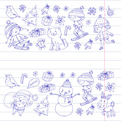 Merry Christmas celebration with children. Kids drawing illustration with ski, gifts, Santa Claus, snowman. Boys and girls play and have fun. School and kindergarten, preschool children