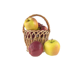 wet, clean apples in a basket on a white background