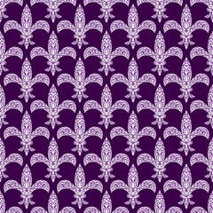 Mardi gras fleur de lys vector decorated seamless pattern. Violet flower carnival card background. © YoPixArt