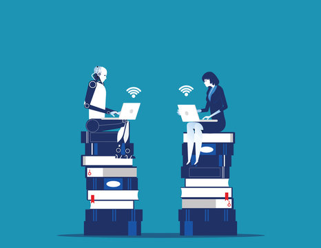 Robot sitting on knowledge baseand strategy planning with human. Concept business technology vector illustration.
