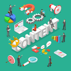Content is king flat isometric vector concept. 3d word CONTENT with crown on it surrounded by people and corresponding attributes.