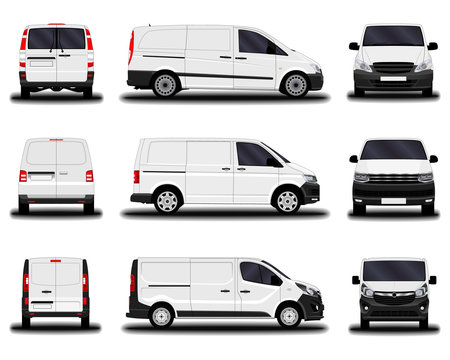 realistic cargo vans. front view; side view; back view.