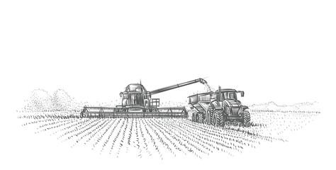 Combine Harvester and tractor working in field illustration. Vector.  - obrazy, fototapety, plakaty