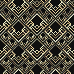 Seamless pattern in Art Deco style. Black and golden tilework. Geometric tiles. Luxury background.