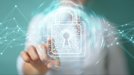Businesswoman using digital padlock with data protection 3D rendering