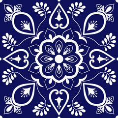 Tile ornaments pattern vector with blue and white floral motifs. Portuguese azulejo, mexican talavera, spanish, italian majolica, delft dutch or moroccan texture for bathroom wall or kitchen flooring.