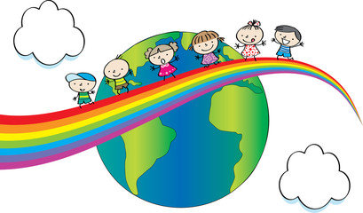 Obraz premium kids on the rainbow and earth