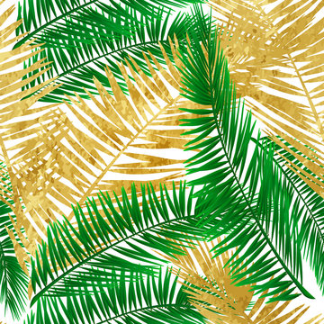 Gold tropical leaves on transparent background. Greeting cards, wallpapers, flyers and banners jungle concept. Colorful realistic style. Vector illustration. EPS 10.