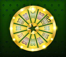 Retro vintage casino wheel template with rotating numbers. Total payments. Vip style with glow. Isolated on green background. Can be used in web, flyers, banners. Vector illustration.