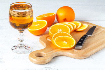 Slice of orange on wooden table