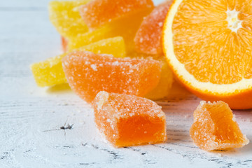 Pile of marmelad candy on table