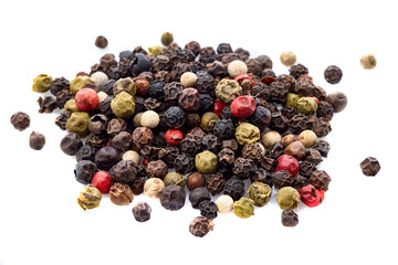 Seasoning - four kinds of pepper peas - isolated on white background