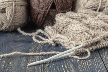 handmade hobby concept, knitting yarn ball on table