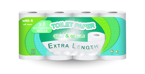 White toilet paper pack design isolated on white background. Paper roll package with soft layers. Easy style pastel shades. Feathers and soft pores. Can be used on web, flyers, banners, pack.