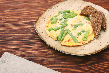 Scrambled eggs with green beans and toast, healthy and nutrition