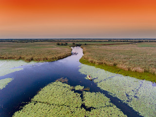Danube Delta at sunset aerial view