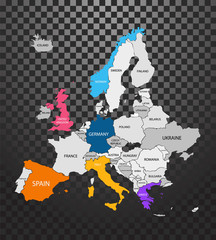 Europe colorful infographic map with points isolated on white background. Easy to use flyers, banners or web design. Infographics, marketing and business data. Vector illustration. EPS 10.