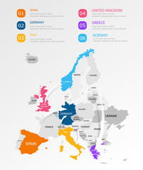 Europe colorful infographic map with points isolated on white background. Easy to use flyers, banners or web design. Infographics, marketing and business data. Vector illustration. EPS 10.